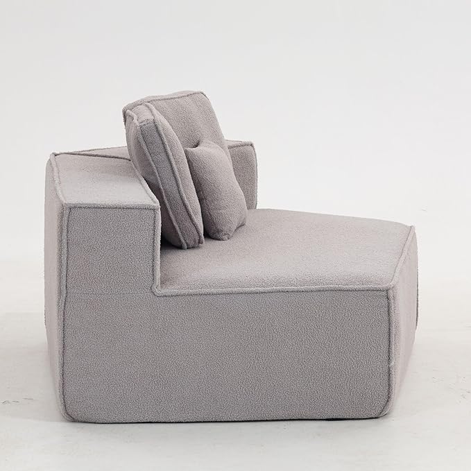EPOFIT 1-Seater Teddy Fleece Modular Sofa Chair, Low-Profile Floor Seat with Wide Cushion and All-Foam Support, Left-Facing Design, Compressed Packaging – Grey