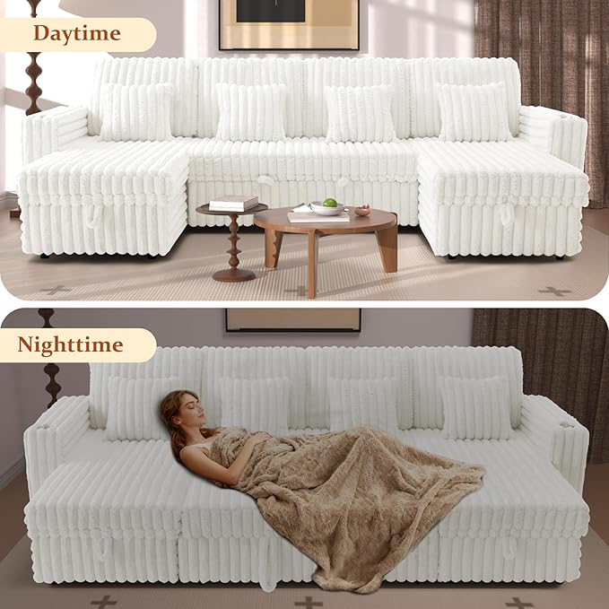 124" Sectional Sleeper Sofa with Pull Out Bed, Comfy Fluffy Plush Corduroy Cloud Sectional Couches for Living Room, U Shaped Modular Couch with Storage Chaise, Cup Holder & USB Charger, Beige