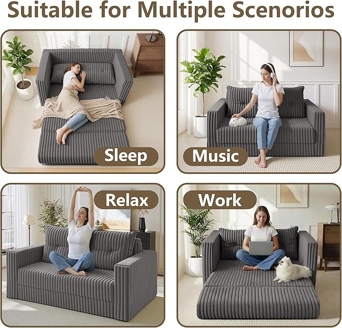 HABUTWAY Folding Sofa Bed, 2 in 1 Convertible Sleeper Chair with Pillow, Portable Fold Out Chair Bed with Armrest, Comfy Floor Couch, Lazy Sofa for Living Room Bedroom Dorm Home Office, Grey