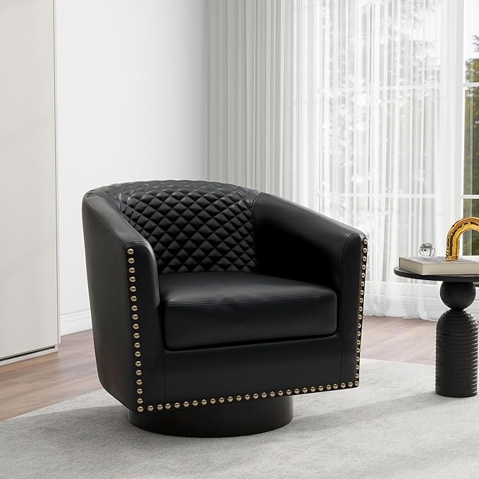 DREAMSIDEA Swivel Barrel Accent Chair, Comfy Modern Upholstered Round Faux Leather Arm Chair for Living Room, Bedroom-Black, Set of 2
