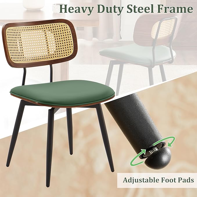 Quenvo Dining Chairs with Rattan Back, Modern Green Leather Dining Chairs Set of 4, Swivel Dining Room Chairs Kitchen Side Chairs with Metal Legs and Upholstered Seat for Kitchen & Living Room