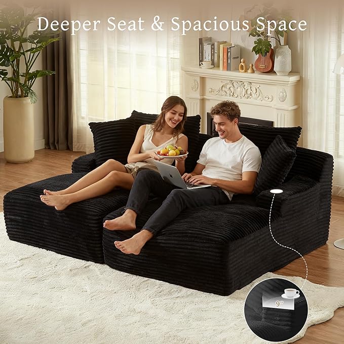 VEPXXP 80" Double Chaise Lounge Chair Indoor, Oversized Boneless Couch Comfy Upholstered Sleeper Sofa Bed with 4 Pillows, Corduroy Cloud Loveseat Chair for Living Room No Assembly Required, Black