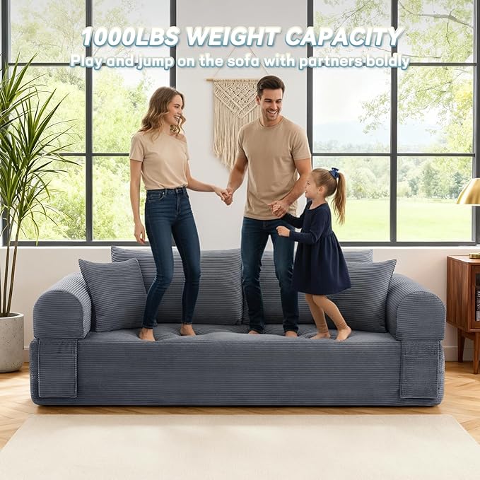 GJQ 83" Boneless Couches for Living Room,Corduroy 3 Seater Couch in a Box with 4 Pillows & Storage Pocket,Convertible Sleeper Sofa Bed Compressed Floor Sofa,Deep Gray