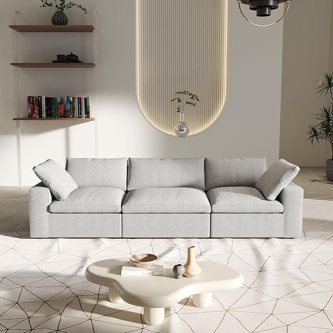 3 SeaterCloud Sectional Couch, Light Grey Modular Sectional Sofa, Modern Comfy Sofa, Covers Removable, Convertible Sleeper Couch for Living Room Apartment (Linen Fabric)