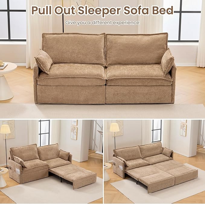 GRAINLLE King Size Pull Out Couch,3-in-1 Corduroy Sleeper Sofa Couch with Pull Out sofa bed,USB & Side Storage,Convertible Loveseat Sleeper couch for Living Room, Bedroom, pet-friendly (Khaki, 73.6'')