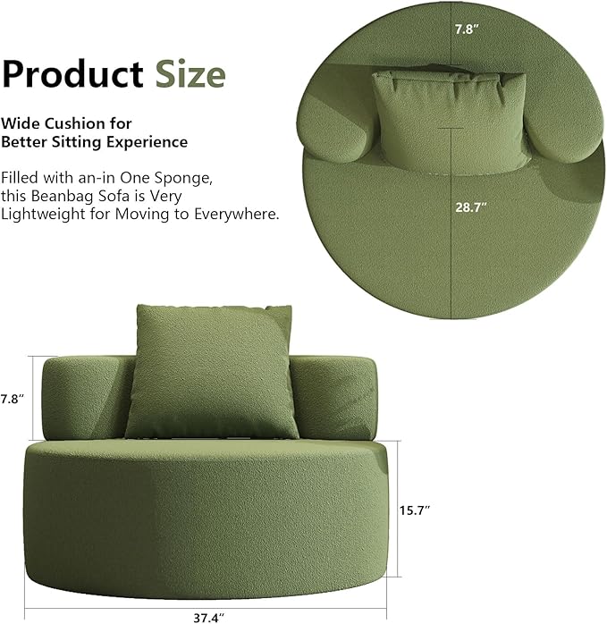 Bean Bag Chairs for Adults, Memory Foam Couch Loveseat Sofa Chair, Soft Teddy Material Cozy Comfy Reading Nook Chairs, Floor Chair for Living Room Bedroom Office