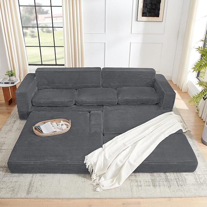 Minimalist L-Shape Modular Sectional Sofa – Corduroy Convertible Sofa Bed, Space-Saving Compressed Design
