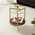 Pine Flicker Round End Table, Mid-Century Modern Design, D20*H23 inch, for Living Room, 2-Tier Structure, Clear Glass Top and Walnut MDF Shelf, Sleek Conical Metal Legs with Gold Finish