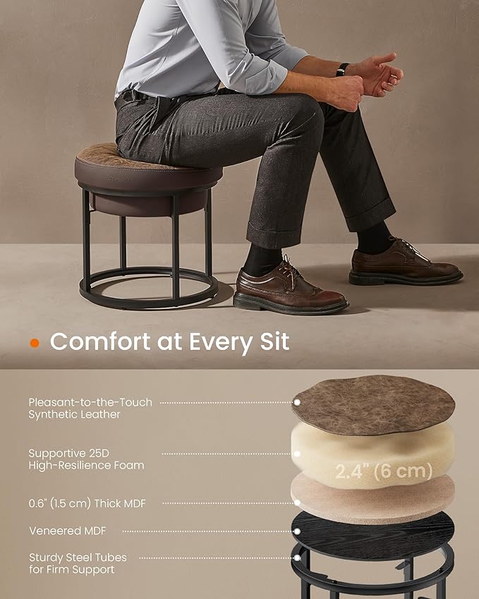 SONGMICS HOME LUIZ Collection - Ottoman Footstool, Round Ottoman, Vanity Chair Stool, Footrest, Reversible Top, Side Table, Max. Load 660 lb, Bedroom Living Room Entryway, Walnut Brown ULOM080K01