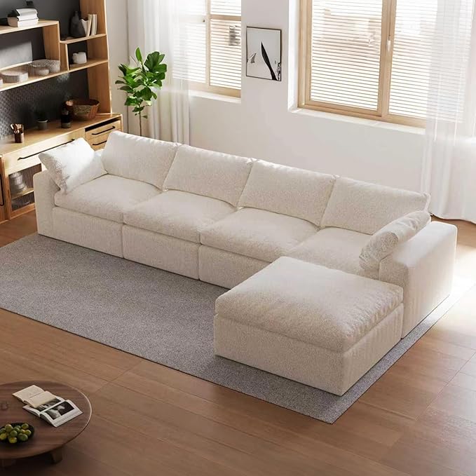 140’’ Oversized Boneless Couch for Living Room, Cloud Couch Modular Sectional Free Combination with Ottoman Washable Cushion Cover, No Assembly Required, White (4-Seat + 1 Ottoman)