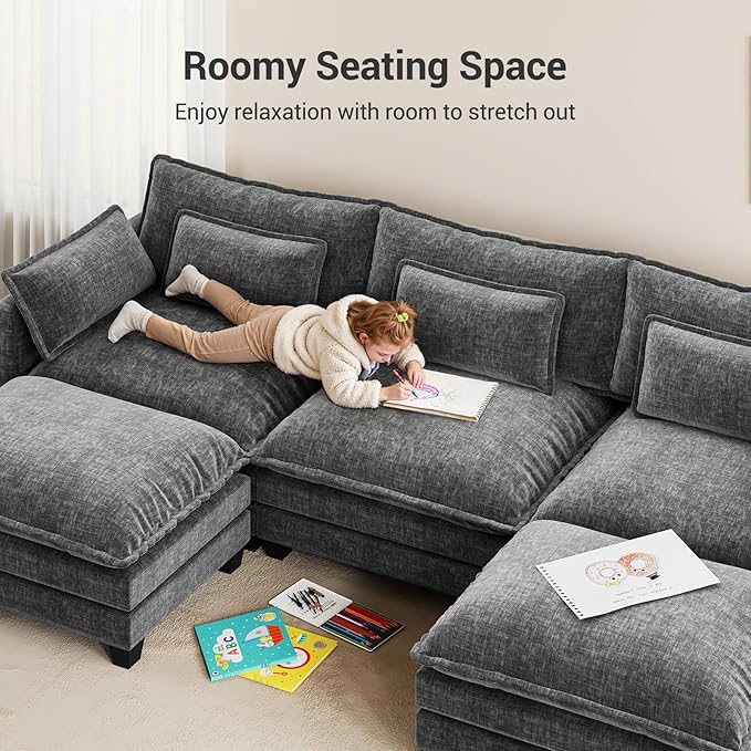 Pipishell Sectional Couches for Living Room, 110.6" U-Shaped Modular Sectional Sofa, 5-Seat Chenille Deep Seat Cloud Couch with 2 Movable Ottomans & Throw Pillows, Grey