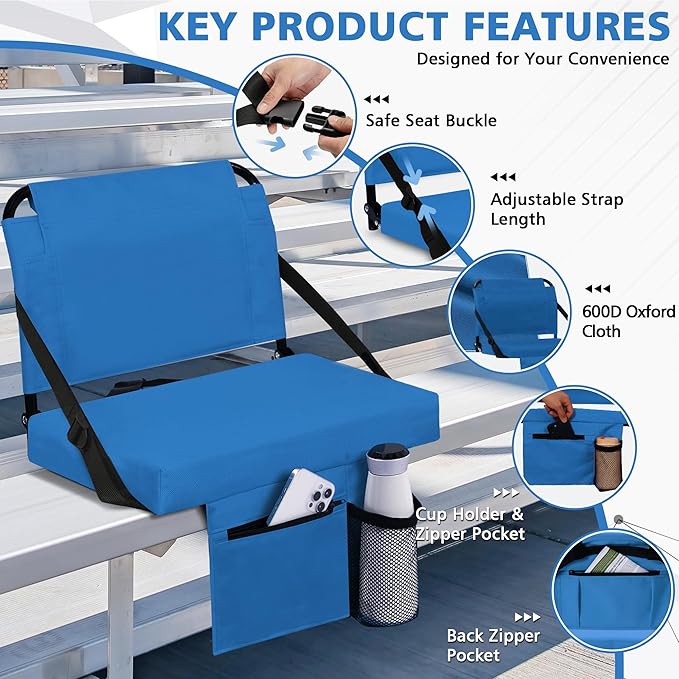 Stadium Seat for Bleachers with Back Support and Wide Padded Cushion Stadium Chair - Includes Shoulder Strap and Cup Holder