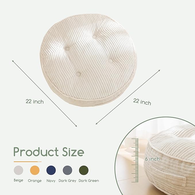 6" Washable Floor Pillow Cushion for Adults, Meditation Cushion Pillow, Large Round Floor Sitting, Removable Tufted Corduroy Cover, for Tatami Living Room or Yoga, 22x22 Inch, Machine Washable