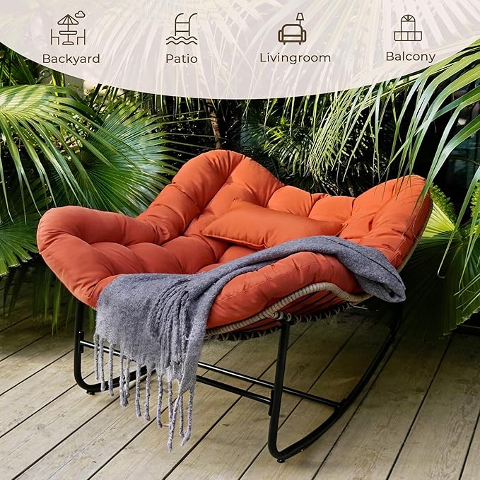 Sgentle Papasan Rocking Chair for Outdoor & Indoor, Oversized Patio Rocking Chair with Cushions & Steel Frame, Wicker Egg Lounge Chair, Comfy Reading Chair for Patio, Deck, Porch (Red, Style 2)
