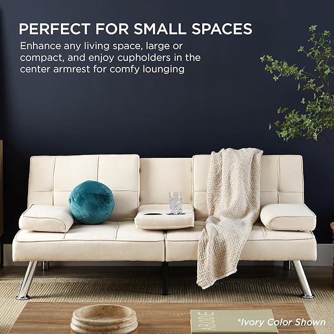 Best Choice Products Linen Modern Folding Futon, Reclining Sofa Bed for Apartment, Dorm w/Removable Armrests, 2 Cupholders - Aqua