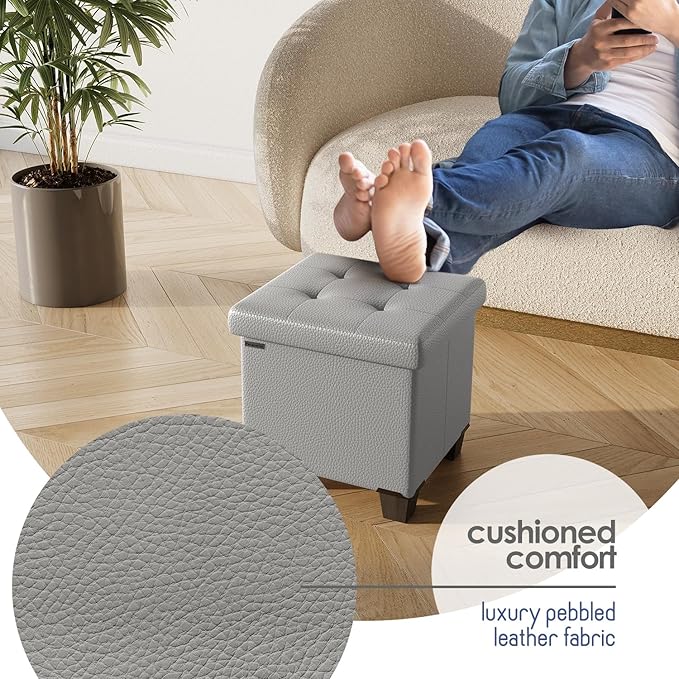 STORAGEBUD Storage Ottoman Cube with Small Bin, 16-in Square Ottoman with Storage for Living Room and Bedroom, Small Ottomans Foot Rest, Faux Leather Foot Stools Ottomans Max 330lbs, Light Grey