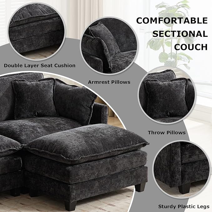 SoarFlash 149.61" Chenille Sectional Sofa, Comfy L Shaped Modular Coush Sofa with Ottoman, Modern 4 Seat Couch Deep Seat Sofa Set for Living Room,Black