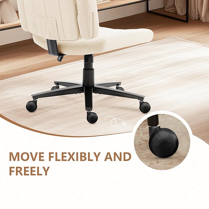 Vigosit White Criss Cross Office Chair with Wheels, Ergonomic Wide Seat Vanity & Dressing Table Chair, Adjustable Arms Swivel Rolling Desk Chair for Women, Comfortable Cross-Legged Support