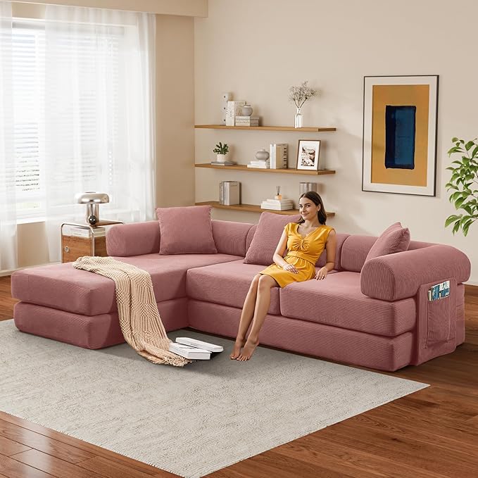 L Shaped Convertible Modular Boneless Sofa Bed with Cylindrical Pillow, Corduroy Folding Floor Sofa Couch Bed with Fixed-Shape Frame & Storage Pocket for Living Room, Pink