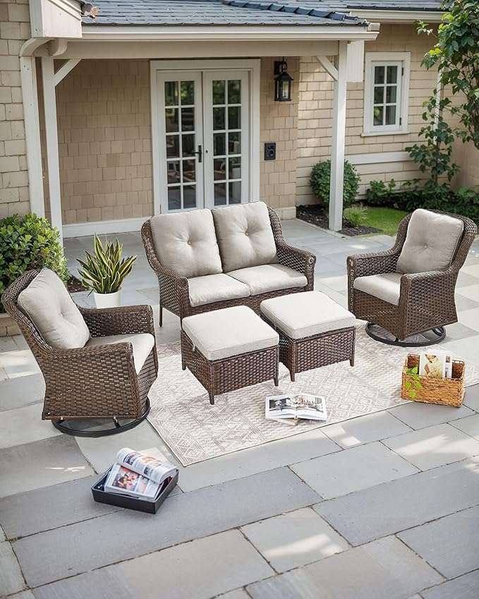ACTREST Patio Ottoman Outdoor Wicker Side Table - 2PCS Multipurpose Heavy Duty All-Weather Brown Rattan Extra Seating Bench Footrest Footstool for Garden Back Porch Poolside Apartment - Beige
