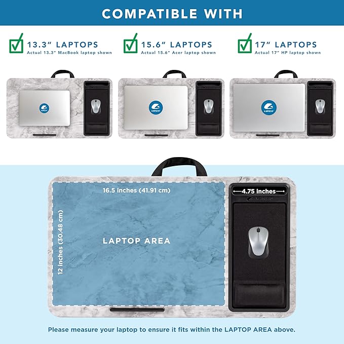 LAPGEAR Extra Large Adjustable Lap Desk – Fits Laptops up to 17.3”, Adjustable Cushion, Memory Foam Wrist Rest, Mouse Pad, Device Ledge, & Phone Slot – White Marble - Style No. 88101