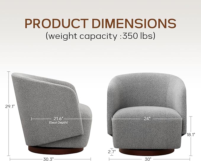 Boucle Swivel Accent Chairs Set of 2, No Assembly Upholstered Armchair with Rubberwood Base, 360° Rotating Living Room Chairs Set of 2 for Bedroom, Apartment & Reading Nook (2, Light Grey)