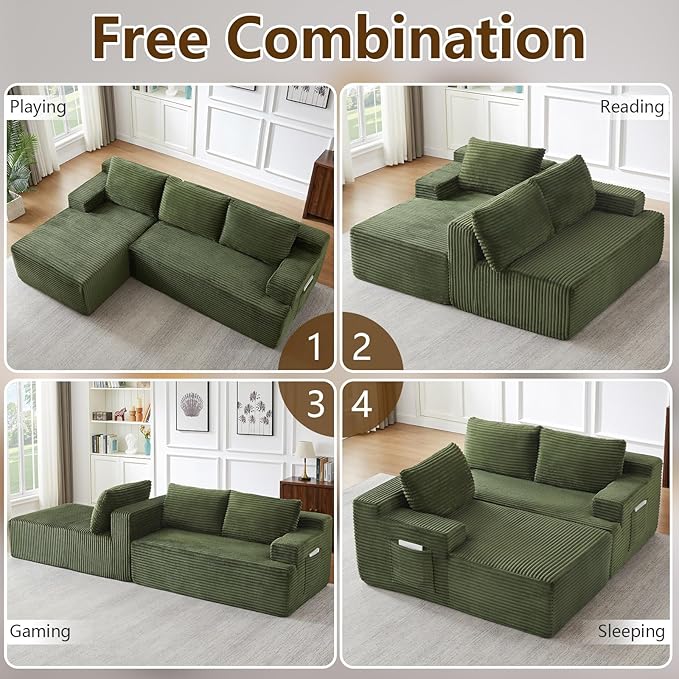 96.1" Modular Sectional Sofa Couches L-Shape Couch 3 Seat Modular Sofa Corduroy Memory Foam Sectional Boneless Couches for Living Room, Cloud Couch with Oversized Chaise(Green, Left Facing)