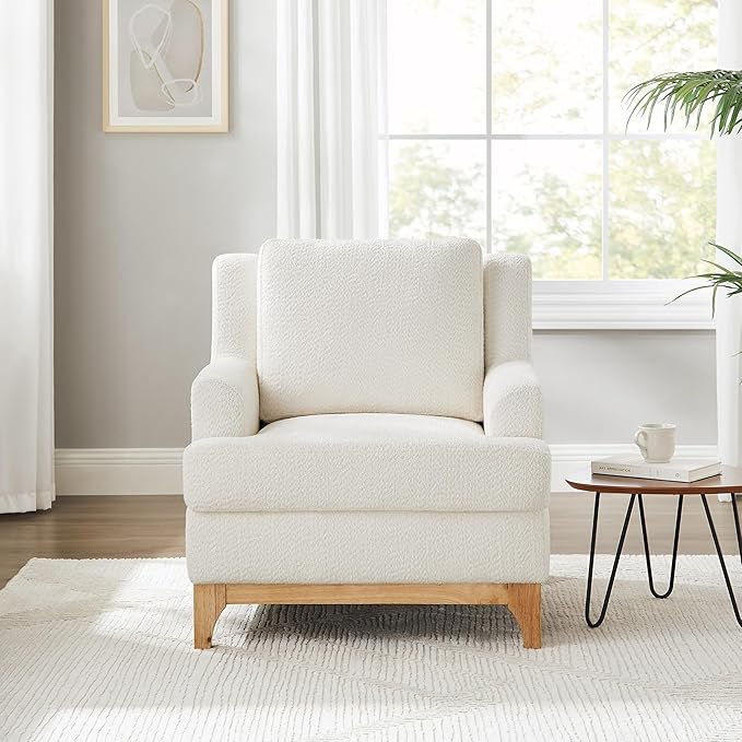 VANOMi Oversized Accent Chair, Modern Boucle Armchair with Wood Legs, Modern Reading Chair with Thick Cushion, Comfy Chairs for Living Rooms, Bedrooms, Reading nooks and Apartments