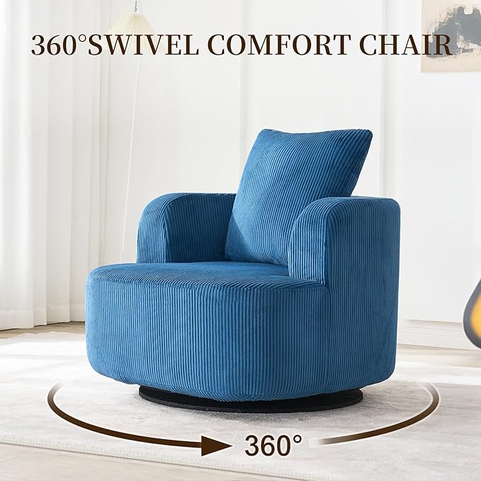 Furnimart 360° Swivel Boneless Chair, Round Corduroy Barrel Accent Chair Upholstered Comfy Lounge Chair, No Assembly Wide Seat for Living Room, Bedroom, Apartment (Blue)