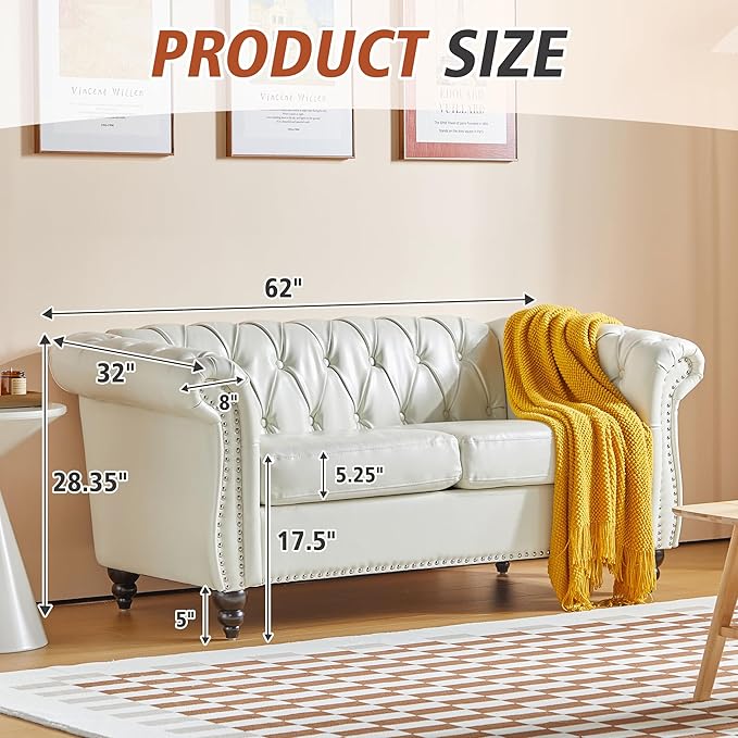 QHITTY Accent Sofa, Chesterfield Loveseat Modern Faux Leather Couch Upholstered Sofa with Tufted Back for Living Room Furniture (White)