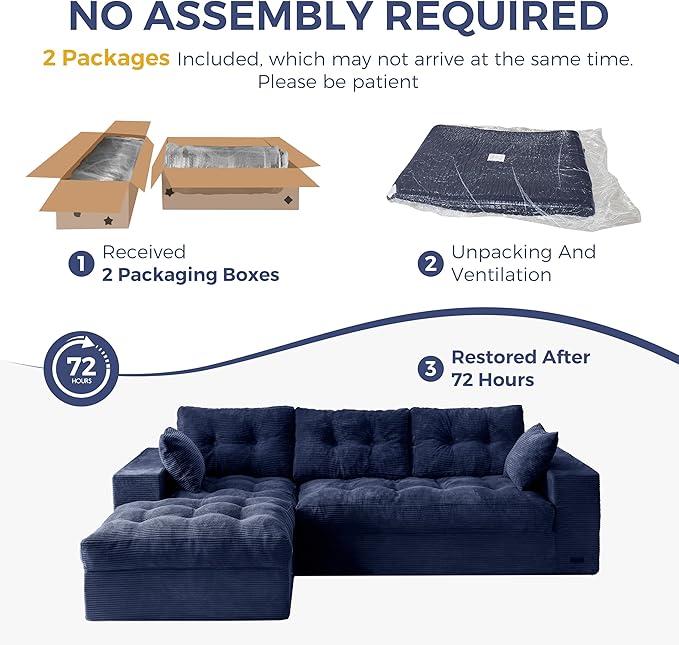 MAXYOYO 104" L Shaped Modular Sectional Sofa with Ottoman, Cloud Boneless Couch with Layered Cushion, Upholstered Sofa in a Box, Flexible Module Combination for Living Room, No Assembly, Navy