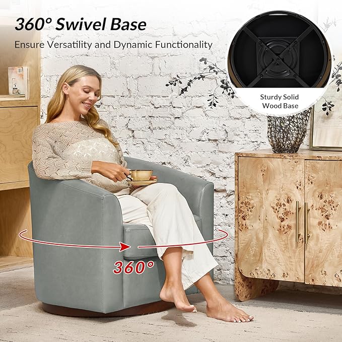 HULALA HOME Genuine Leather Swivel Accent Chair with Solid Wood Base, Round Swivel Barrel Chair for Living Room and Bedroom, Sage