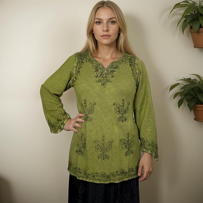 Agan Traders 2025 Winter Long Sleeve Diamond Neck Embroidered Tops - Medieval Boho Vintage Tunic Kurta Blouses for Women