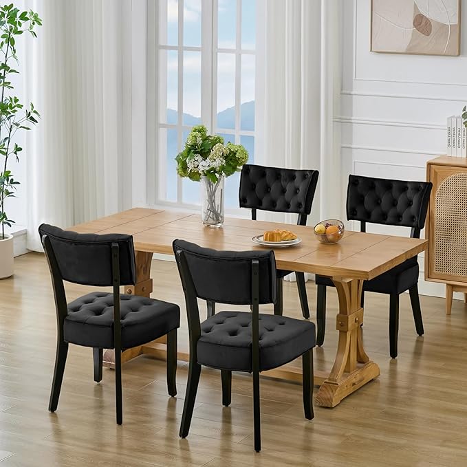 UVV Upholstered Dining Chairs Set of 4, Mid Century Modern Tufted Kitchen Chairs Dining Room Chairs, Velvet Dinner Chair with Wood Legs for Dining Room Kitchen, Black-Black Legs