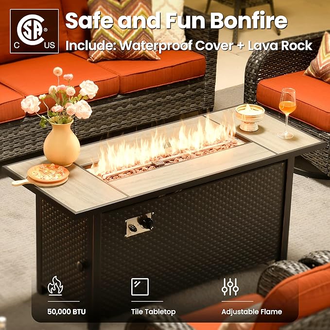 ovios 10 Pieces Patio Furniture Set, Outdoor Wicker Sofa Couch with Rocking Swivel Chairs Solar Light Table Fire Pit, Modern Deep Seat Rattan Conversation Sets, Orange Red