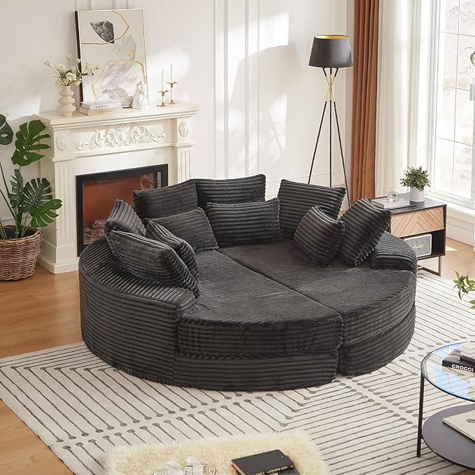 78-inch Oversized Round Chaise Lounge Chair Indoor, Convertible Folding Sofa Bed w/ 10 Pillows, Fluffy Corduroy Boneless Compressed Memory Foam Couch for Living Room, Bedroom (Black, Left & Right)