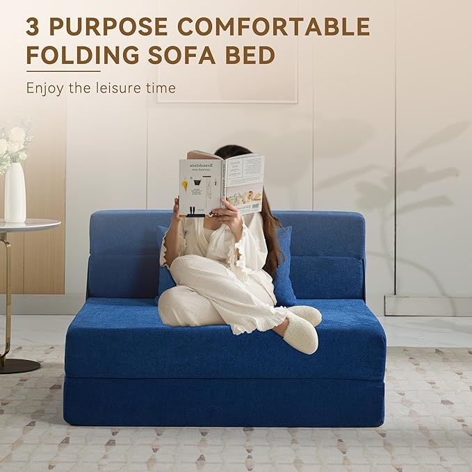 Folding Sofa Bed Convertible Floor Couch Foldable Chair Bed with Pillow，Linen Sleeper Chair Futon,Foldable Memory Foam Mattress for Bedroom/Living Room/Dorm/Office (Navy, Standard)