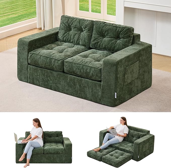 Hobestluk Sofa Couch Loveseat Sofa with Chenille Fabric 2-Seater Sofa for Small Spaces Comfortable Foam Floor Sofa 2 in 1 Boneless Couch for Living Room Bedroom Apartment or Office (Green, Loveseat)