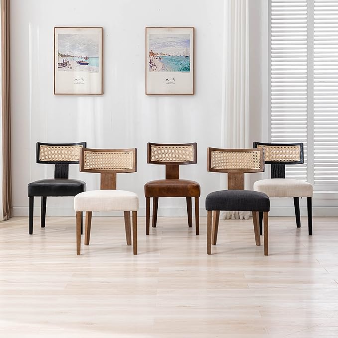 RIVOVA Rattan Dining Chairs Set of 4, Mid Century Modern Dining Chair Upholstered Linen Fabric Kitchen Side Chair, Modern Kitchen Armless Solid Wood Dining Chairs, Beige