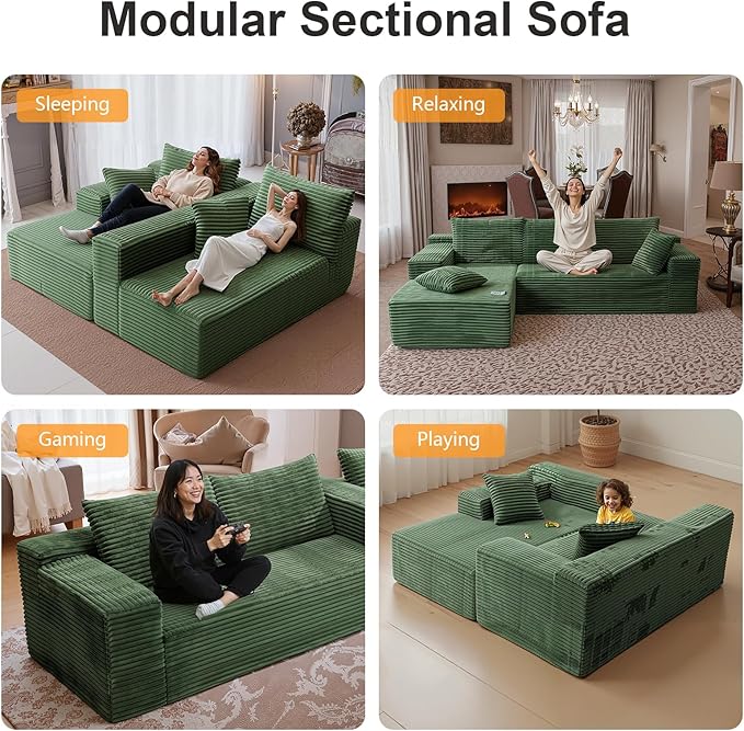106'' Boneless Couches for Living Room, L Shaped Modular Sectional Sofa with Chaise Lounge, Faux Rabbit Fur Layered Cushion Deep Seat Cloud Couch, No Assembly (Green, 106 L Shaped Left Facing Chaise)