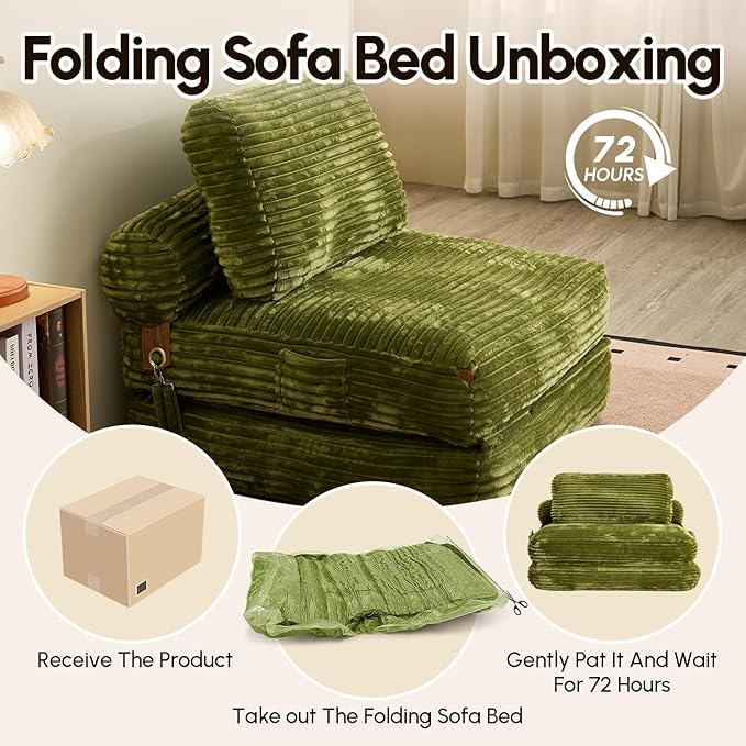 CAODOC Folding Sofa Bed Convertible Sleeper Chair with Pillow, Foldable Mattress Lounge Chair for Living Room Bedroom, Portable Guest Bed Green