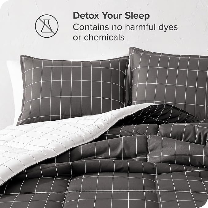 Bare Home Bed-in-A-Bag 7 Piece Comforter & Sheet Set - Queen - Goose Down Alternative - Ultra-Soft 1800 Premium Bedding Set (Queen, Grid - Grey/White Comforter Set, White Sheet Set)