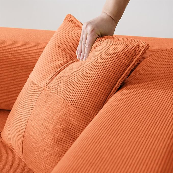 Antetek Convertible Futon Sofa Bed, 3-Seater Modern Corduroy Foam Floor King Size Bed Fold Out Sleeper Lounge Loveseat Sofa Couch with 2 Throw Pillows for Living Room Bedroom Guest Room, Orange