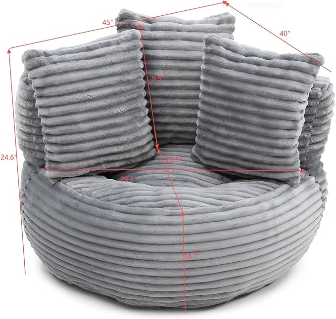 Bean Bag Chair, Corduroy Oversized Chair for Adults, Comfy Big Accent Sofa Lounge Floor Chair, Stuffed Bean Bag Couch for Gaming, Reading, Living Room, Bedroom, Grey