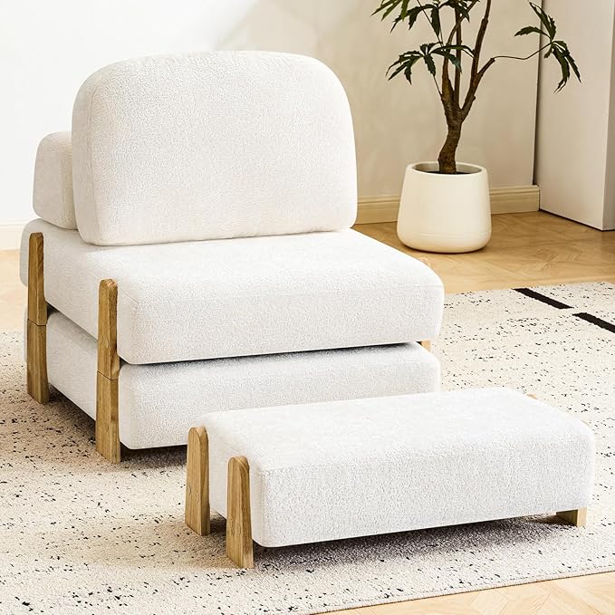 Folding Sofa Bed with Ottoman, 2-in-1 Fold Out Single Sleeper Chair with Wooden Frame, Headrest & Lumbar Pillow, Chenille Boneless Memory-Foam Filled Floor Couch Seating for Living Room Reading, Beige