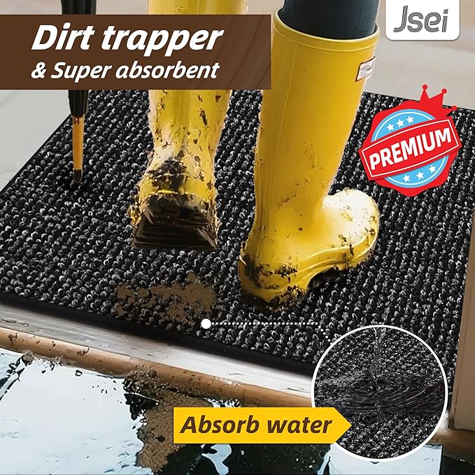 JSEI Dirt Trapper Door Mat 24"x60" Non-Slip Washable Entrance Mat, Dog Doormats, Absorbent & Fade-Resistant Floor Mats, Low Profile Welcome Mats for Entryway, Front Door, and Inside Entrance, Black