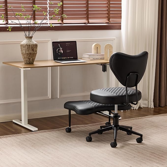 Meditation Chair with Lumbar Support, Ergonomic Floor Sitting Chair Adjustable Height, Cross Legged Chair for Office, Yoga & Mindfulness, Cushioned Seat with Wheels (Black)