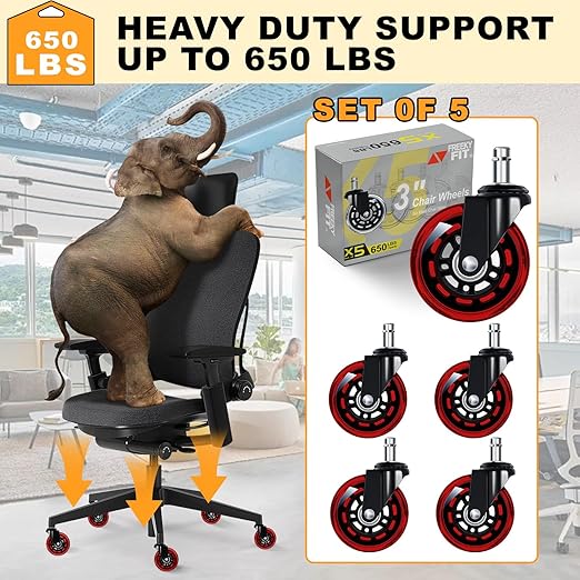 FreekyFit Office Chair Wheels for Casters Replacement - 3" Rubber Wheels for Computer Gaming Desk Caster Smooth & Safe Rolling for All Floors Including Hardwood and Carpet - Set of 5 - Red