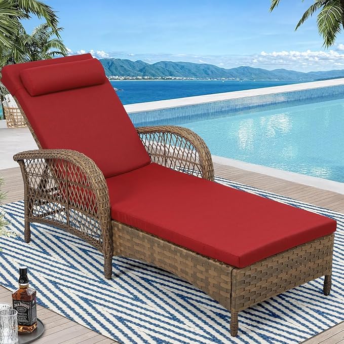 WINGTU Outdoor Chaise Lounge Chair, PE Wicker Long Recliner Patio Lounge Chair with Cushion, 6-Position Patio Reclining Sun Lounger with Adjustable Backrest for Poolside, Armrest & Pillow, Red