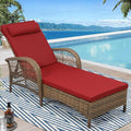 WINGTU Outdoor Chaise Lounge Chair, PE Wicker Long Recliner Patio Lounge Chair with Cushion, 6-Position Patio Reclining Sun Lounger with Adjustable Backrest for Poolside, Armrest & Pillow, Red